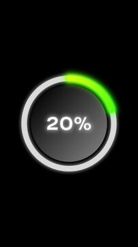 Neon green circular progress gauge rising to 20 percent vertical animation
