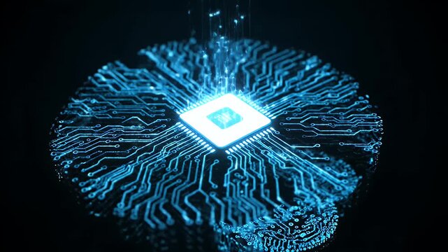 Artificial intelligence brain cpu with glowing blue circuits on a dark background 3d