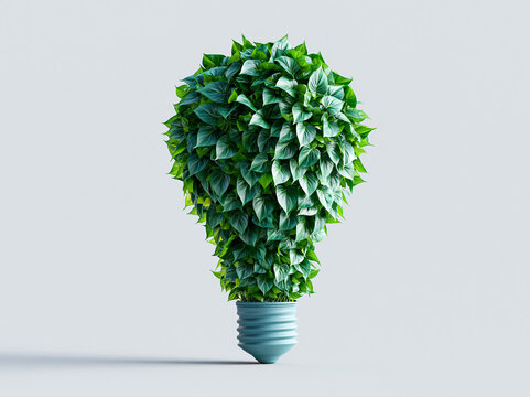 Light bulb design made with green leaves in a simple style, showing ideas of nature and sustainability for modern spaces