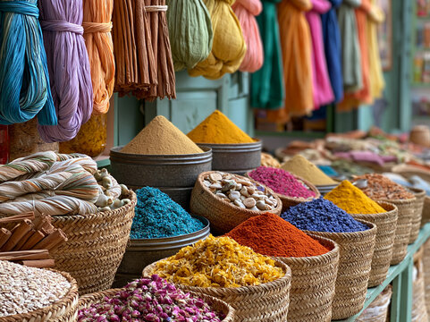 Colorful spices and natural fibers displayed in a market with vibrant materials hanging above in the afternoon light