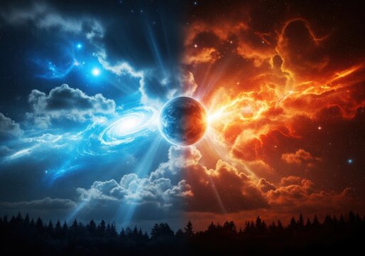 Cosmic space scene with planet between blue nebula and red energy