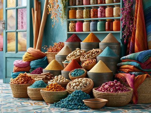 Colorful spices and textiles on display in a vibrant market setting in the afternoon light