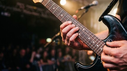 Naklejka premium Live music performance with guitarist playing electric guitar on stage. Guitarist focuses on strings while audience enjoys energetic atmosphere, highlighting passion for live music.
