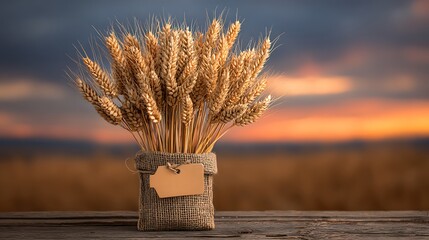 Obraz premium Organic Wheat Grains in Burlap Bag at Sunset