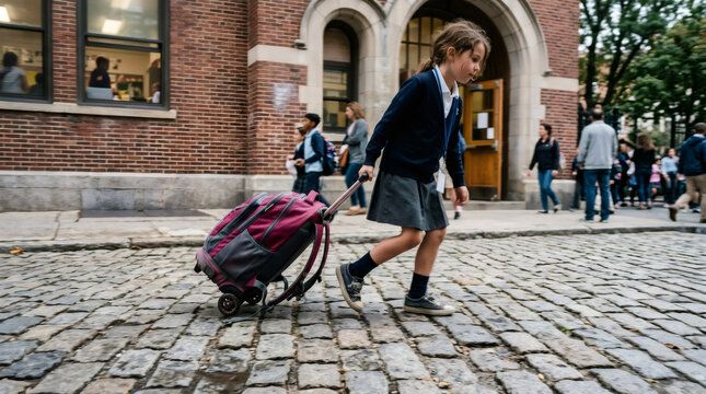 Schoolgirl wearing uniform dragging rolling backpack on stone street toward school building. Student walking to class in autumn. Education, back to school, learning, childhood concept.
