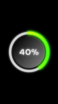 Neon green circular progress gauge rising to 40 percent vertical animation
