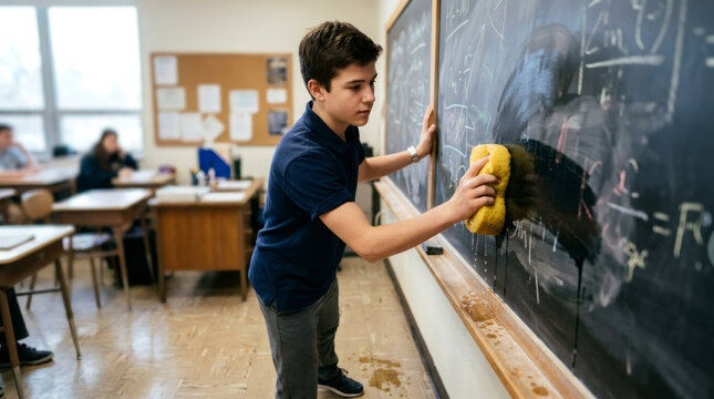 Boy student cleaning blackboard in classroom. Schoolboy erasing math equation from chalkboard with yellow sponge. Education, learning process, helping teacher and school duty concept.
