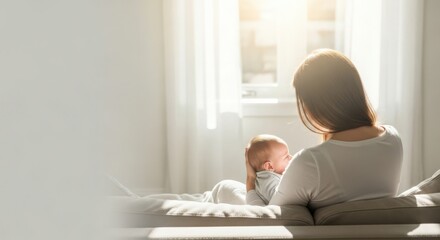 Obraz premium Mother with baby in cozy setting, sunlight streaming through window creates warm atmosphere for bonding moments. Mother-child connection emphasized in serene room filled with natural light.