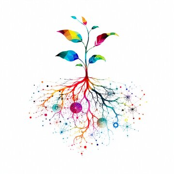 Abstract rhizosphere network with plant roots and microbial signals