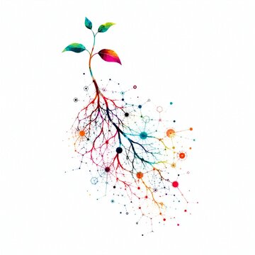 Abstract rhizosphere network with plant roots and microbial signals