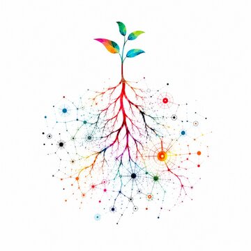 Abstract rhizosphere network with plant roots and microbial signals