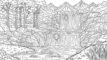 Waterfall cascading over rocky cliffs into stream with forest trees rocks and spring tulips in detailed hand drawn black and white artistic illustration. © hossain