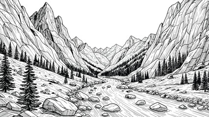 Deep mountain valley with winding river through rocky terrain pine trees and craggy cliffs in dramatic landscape black and white line art vector drawing. © hossain