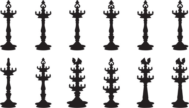 Collection of traditional South Indian oil lamps in silhouette, used for religious ceremonies and cultural events.