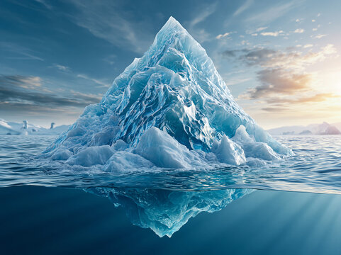 Iceberg stands tall in the ocean during sunset with clear skies and calm water in the Arctic region