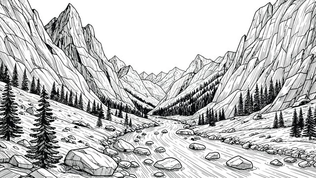 Deep mountain valley with winding river through rocky terrain pine trees and craggy cliffs in dramatic landscape black and white line art vector drawing.