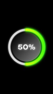 Neon green circular progress gauge rising to 50 percent vertical animation

