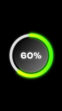 Neon green circular progress gauge rising to 60 percent vertical animation
