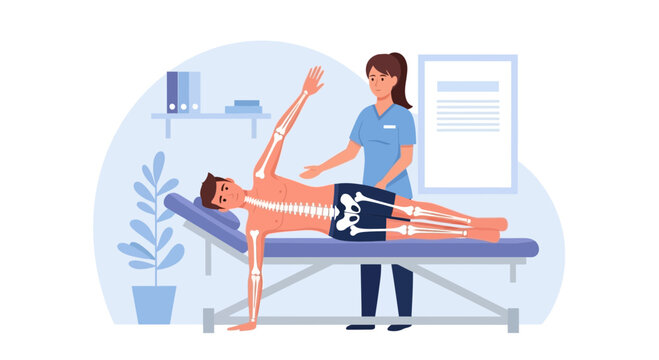 Physiotherapist assists male patient with bone structure visible during exercise