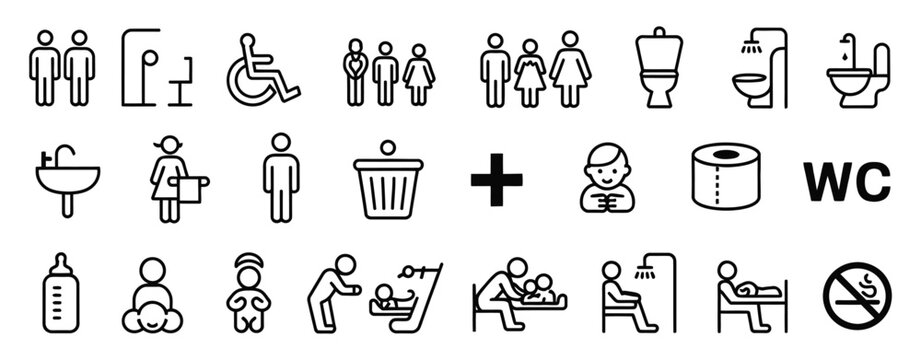 Toilet And Bathroom Outline Icons, Restroom Signs For Men Women Mother With Baby Wheelchair Users, Shower Symbol, No Smoking Vector Pictograms.