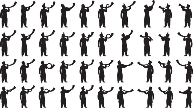 Multiple silhouettes of individuals blowing shofar horns depicting a religious ritual.