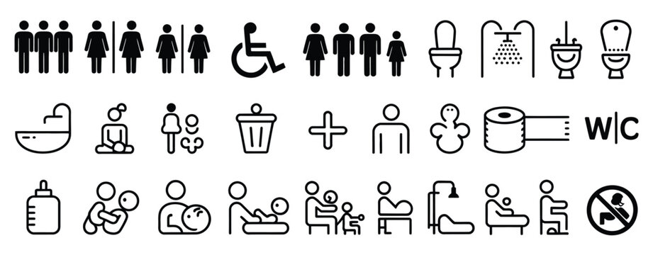Toilet And Bathroom Outline Icons, Restroom Signs For Men Women Mother With Baby Wheelchair Users, Shower Symbol, No Smoking Vector Pictograms.