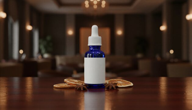 Sophisticated blue glass elixir bottle with a white label in a moody lounge setting
