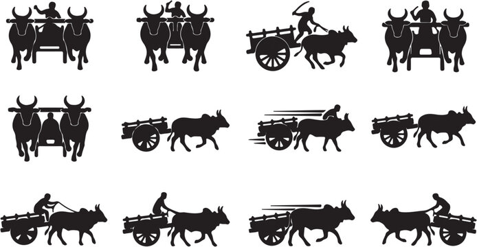 Set of black silhouettes representing traditional bullock carts with drivers in various poses and angles.
