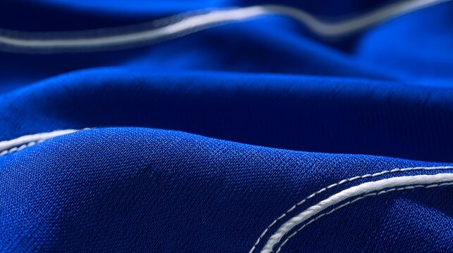 Close up view of blue nylon sportswear fabric with flatlock and overlock stitch seams, athletic apparel textile texture for activewear clothing manufacturing and fashion design concepts