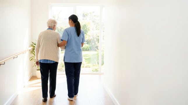 Senior care with nurse assisting elderly woman walking towards garden light. Senior care includes gentle support through hallway while providing companionship and comfort.