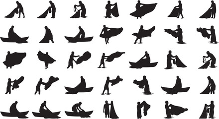 Dynamic Silhouettes of People Engaged in Fishing and Fabric Handling Activities. © Idaryati