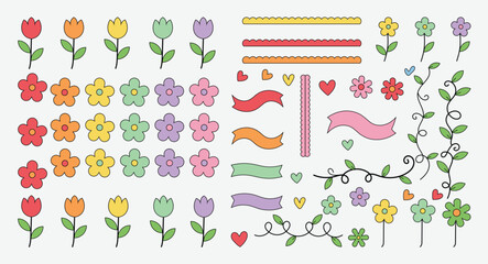 Set of cute floral  design elements for stickers, scrapbooking, and greeting cards. colorful hand drawn flower doodles, ribbons, vines, and hearts.  vector illustration. © Shadex Studio