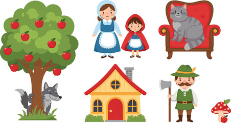 Fototapeta premium Little Red Riding Hood Fairytale Character Vector Element Set with Wolf, Apple Tree, Cottage, Woodcutter, Mother, and Cute Grey Cat