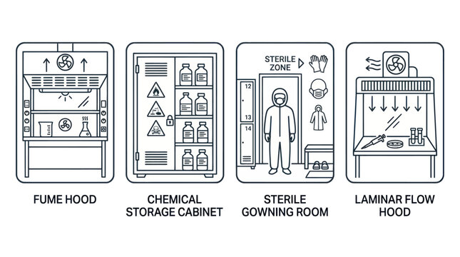 Laboratory safety equipment icons for chemical and sterile work.