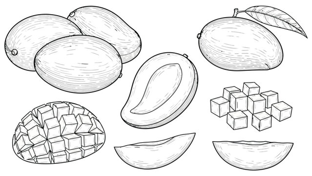 Fresh ripe mangoes whole sliced and diced for tropical fruit salad or healthy snack, hand-drawn line art illustration.