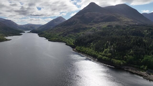 Aerial View Over Loch Leven Panning Up to the Peaks of the Nearby Glencoe Mountains