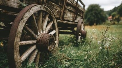 Fototapeta premium Wooden wagon wheel on rustic vintage background with old cart iron rim in sunny green meadow, rural village countryside atmosphere representing agriculture, history and traditional lifestyle