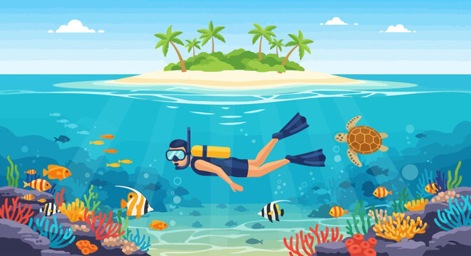 Snorkeling in the World on a sunny Day with sea turtle swimming free