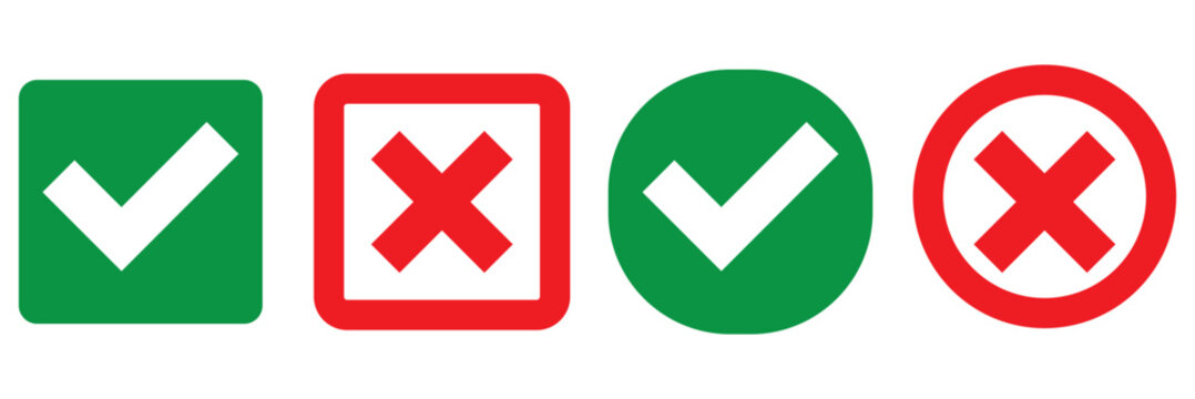 Check mark icon button set. Check box icon with right and wrong buttons and yes or no checkmark icons in green tick box and red cross. Green checkmark and red x sign. Symbols of approval and Decline.