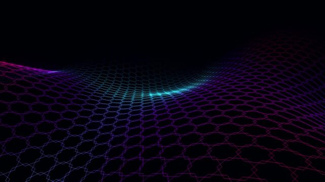 Cinematic 4K seamless background of a glowing hexagonal mesh terrain waving under warm synthwave lights. Sparking magenta and gold nodes trace elegant topographic contours in cyberspace.
