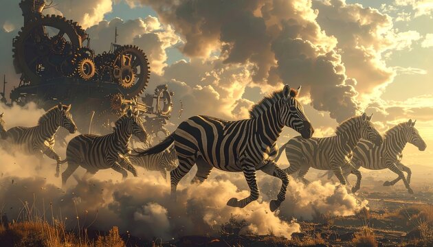 A herd of steampunk zebras with mechanical gears gallops through a dramatic, cloudy sky