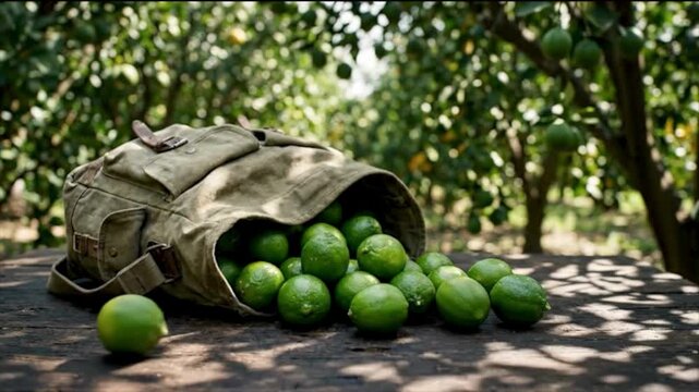 Fresh Green Limes in Canvas Bag on Rustic Table in Lime Orchard