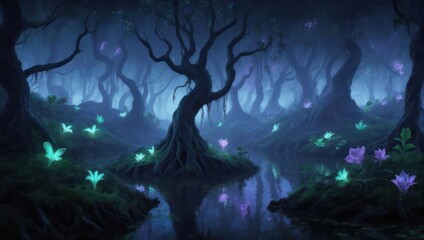 Fototapeta premium Enchanted Forest at Night with Glowing Flora and Dark Trees.