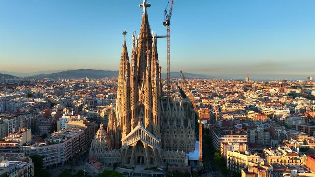 Aerial sunset shot of Barcelona city in the evening, tourist destination in Spain, Spanish city of Barcelona drone view