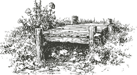 Obraz premium Rustic wooden bridge over small creek surrounded by grass and wildflowers engraving