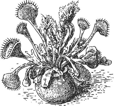 Venus flytrap plant detailed engraving drawing carnivorous insect eating species illustration