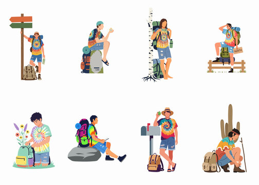 Collection of young backpackers in tie-dye shirts exploring various outdoor environments including desert and forest settings with hiking gear.