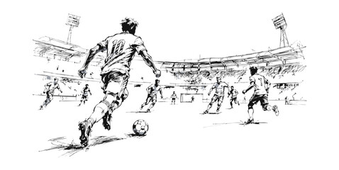 Dynamic Soccer Player Number 10 Dribbling Ball in Stadium - Action Football Match Ink Sketch Illustration. © Mr. Creative007