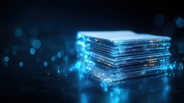 Abstract stack of papers with neon light