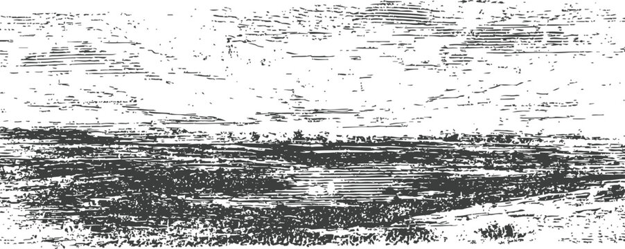 vintage engraving of a coastal landscape with sea shore and cloudy sky